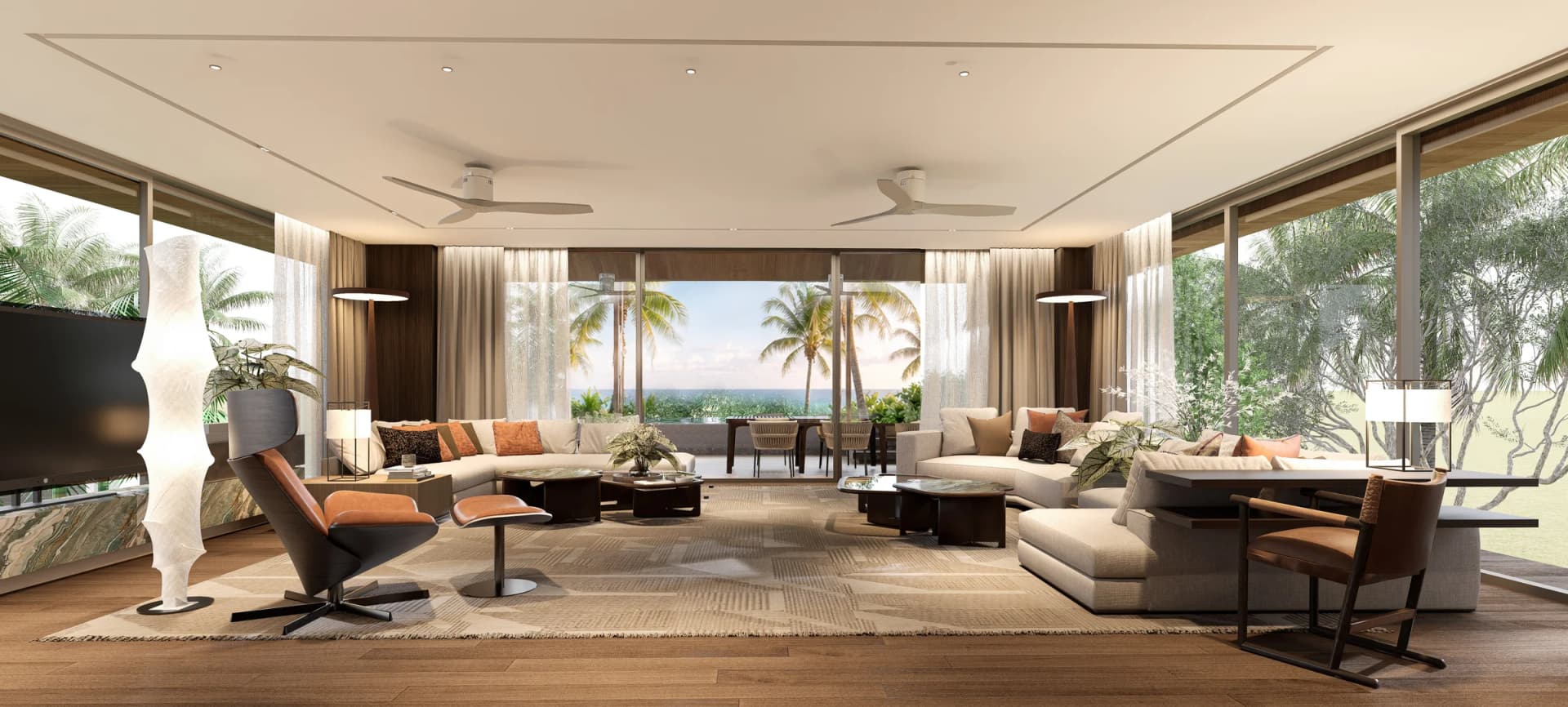 A Nerea living floor wrapped in glass on three sides, palms and a strip of sea beyond, broad timber floor