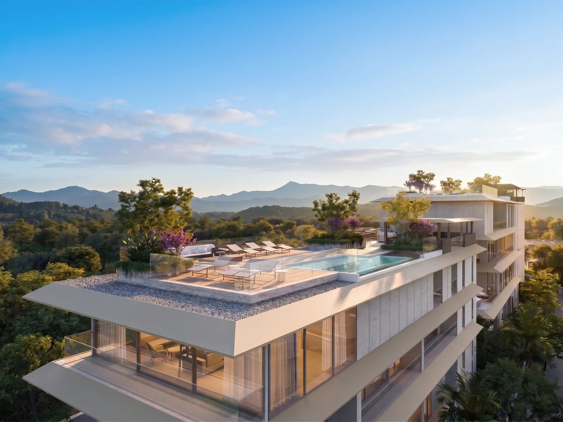 Die Dachterrasse eines Sky-Penthouses in Nerea: Pool, Sonnenliegen und eine bepflanzte Kante über auskragenden Steinplatten, dahinter Hügel