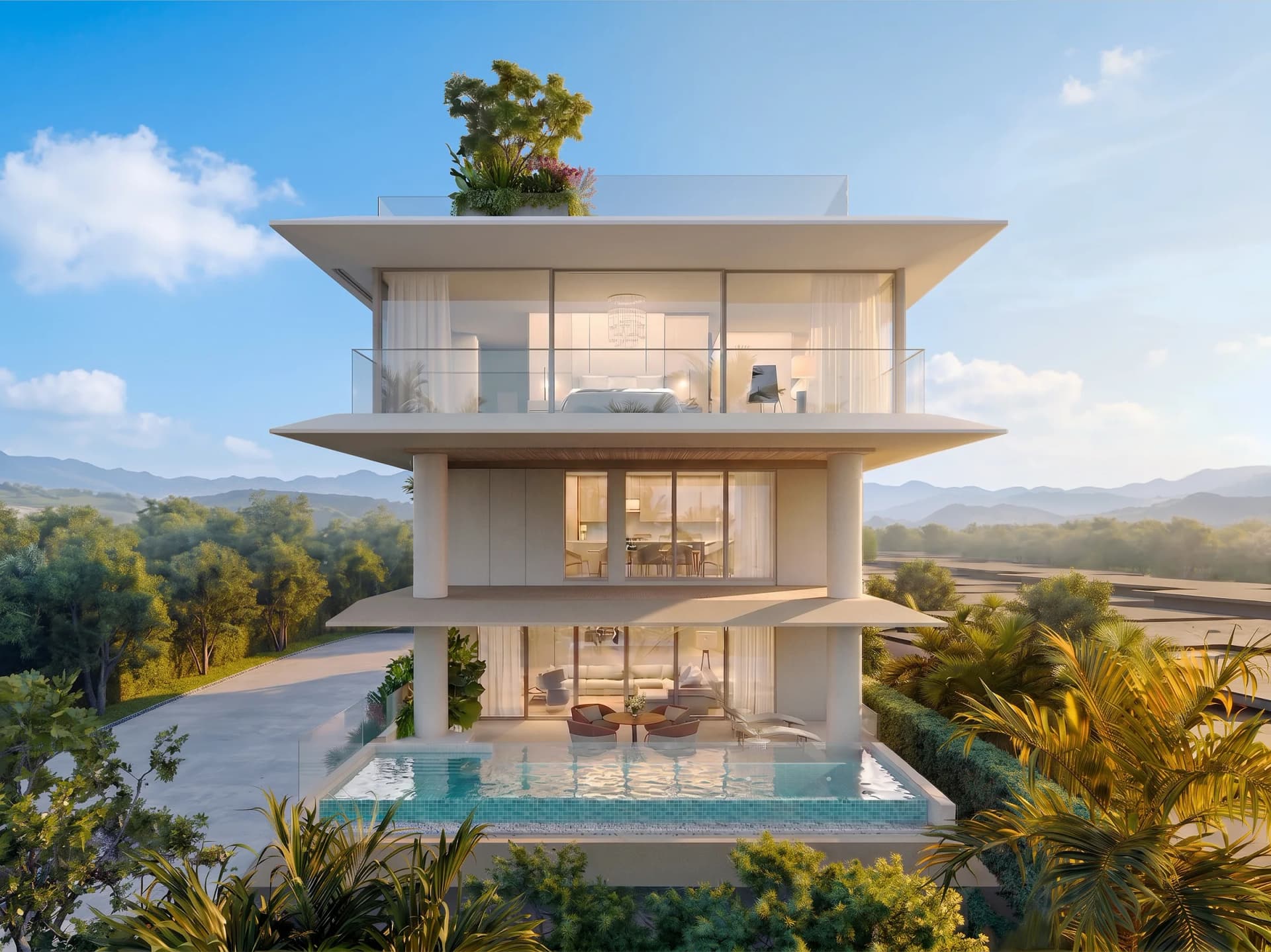 One Nerea building, two homes: the garden duplex with its pool below, the sky penthouse and its roof garden above